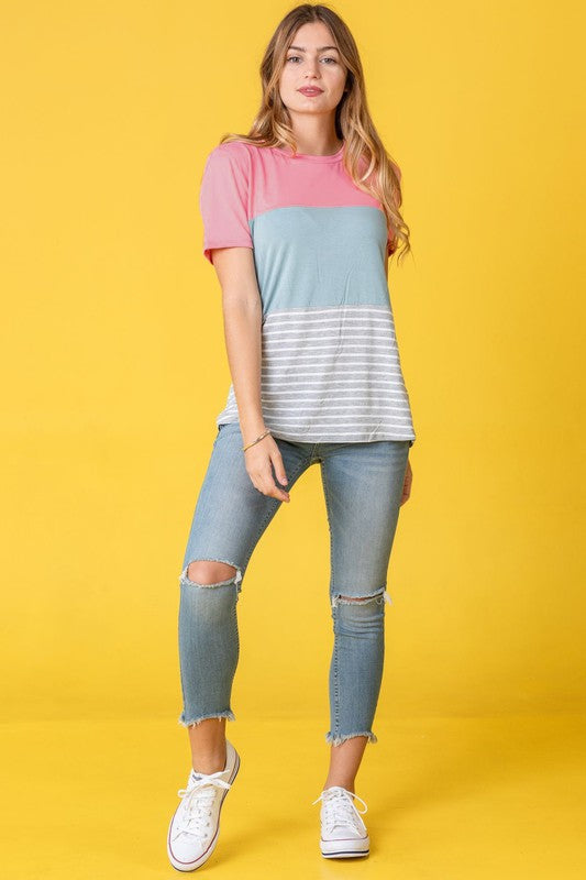 Sage coral black grey stripe lavender top