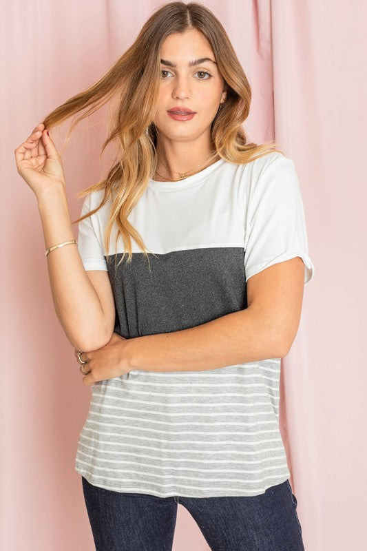 Sage coral black grey stripe lavender top