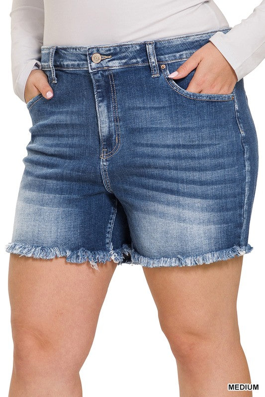 Plus Mid Rise Raw Frayed Hem Denim Shorts