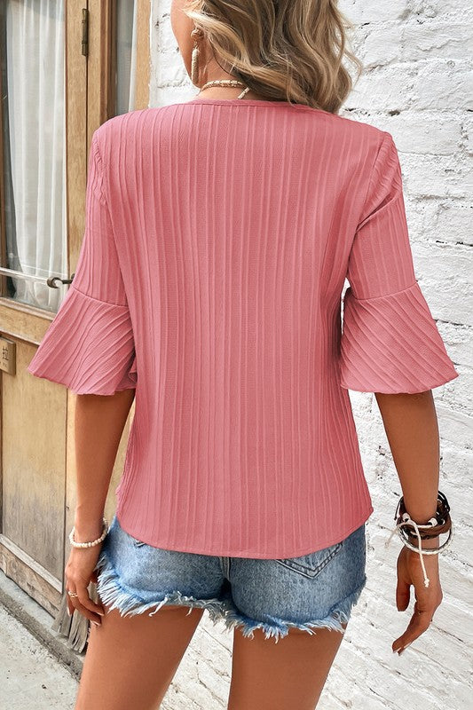 Women Ruffled Half Sleeve V Neck Textured Top