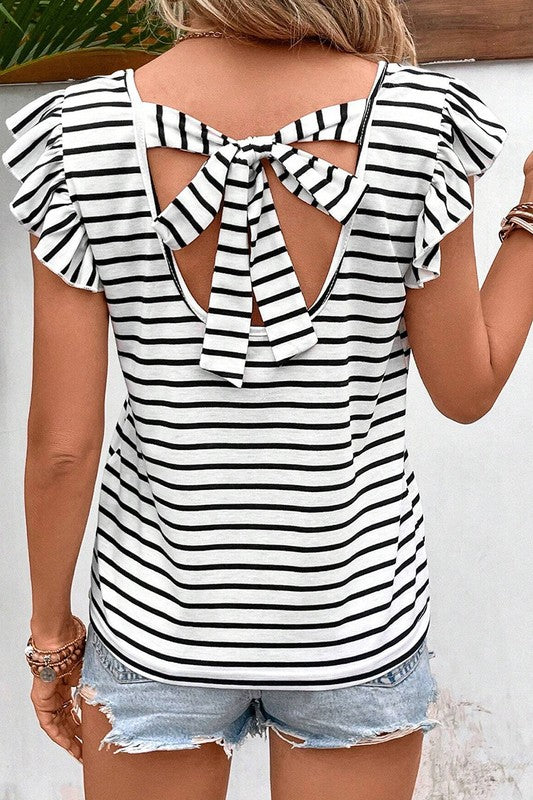 Women Stripe V Neck Hollowed Knot Back T Shirt