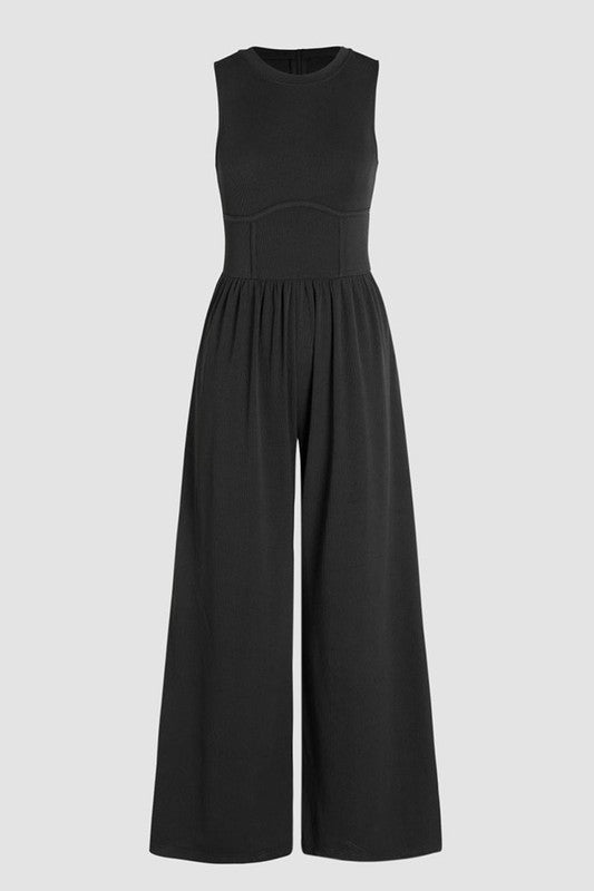 Women Cinched Waist Sleeveless Wide Leg Jumpsuit